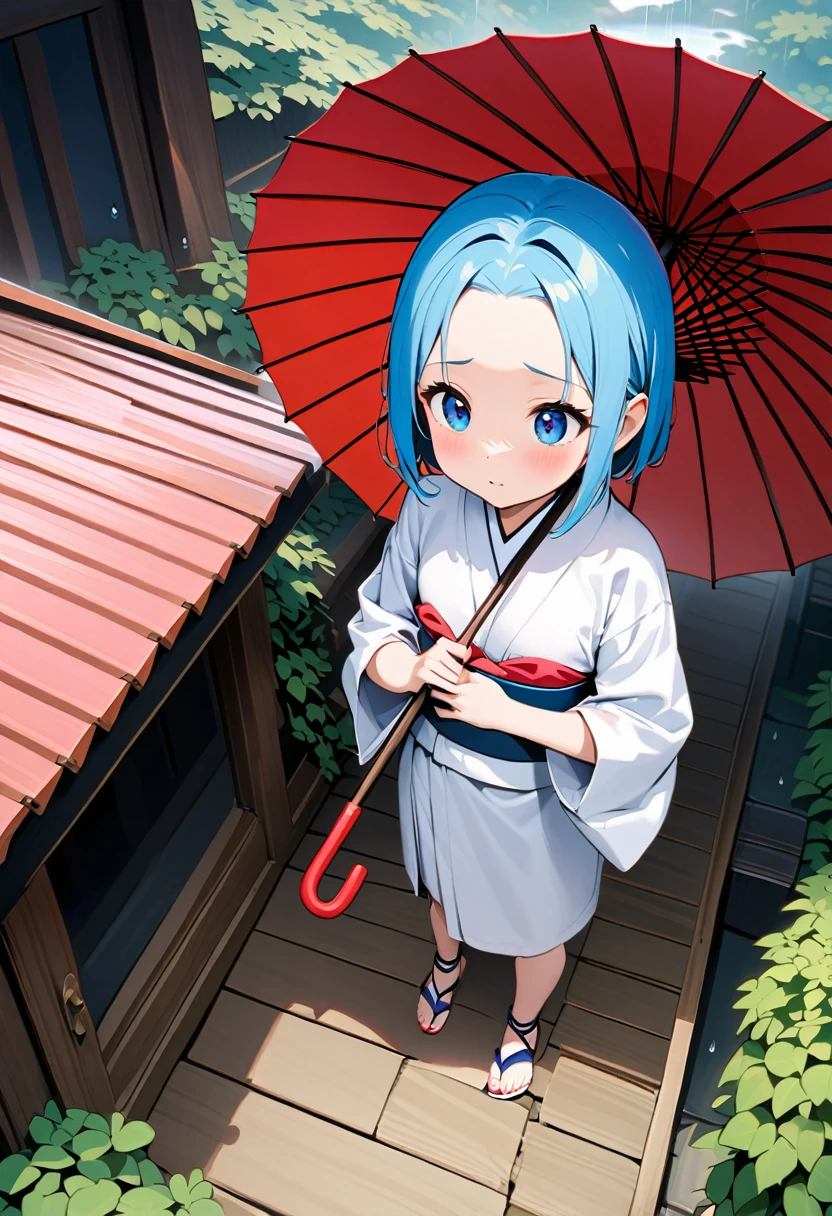 In black and white image、cute little character cartoon 、 Japanese Yokai、Zashiki Warashi、 A girl with cute white kimono, blue hair, and a puffy forehead、 are they barefoot sandals with red and don't they have an umbrella 、 standing lonely under the eaves where it's raining 、Image from above,Pay attention to raindrops , bold and powerful camera work , masterpiece, and ultra-high resolution reveal the absurdity of this scene,