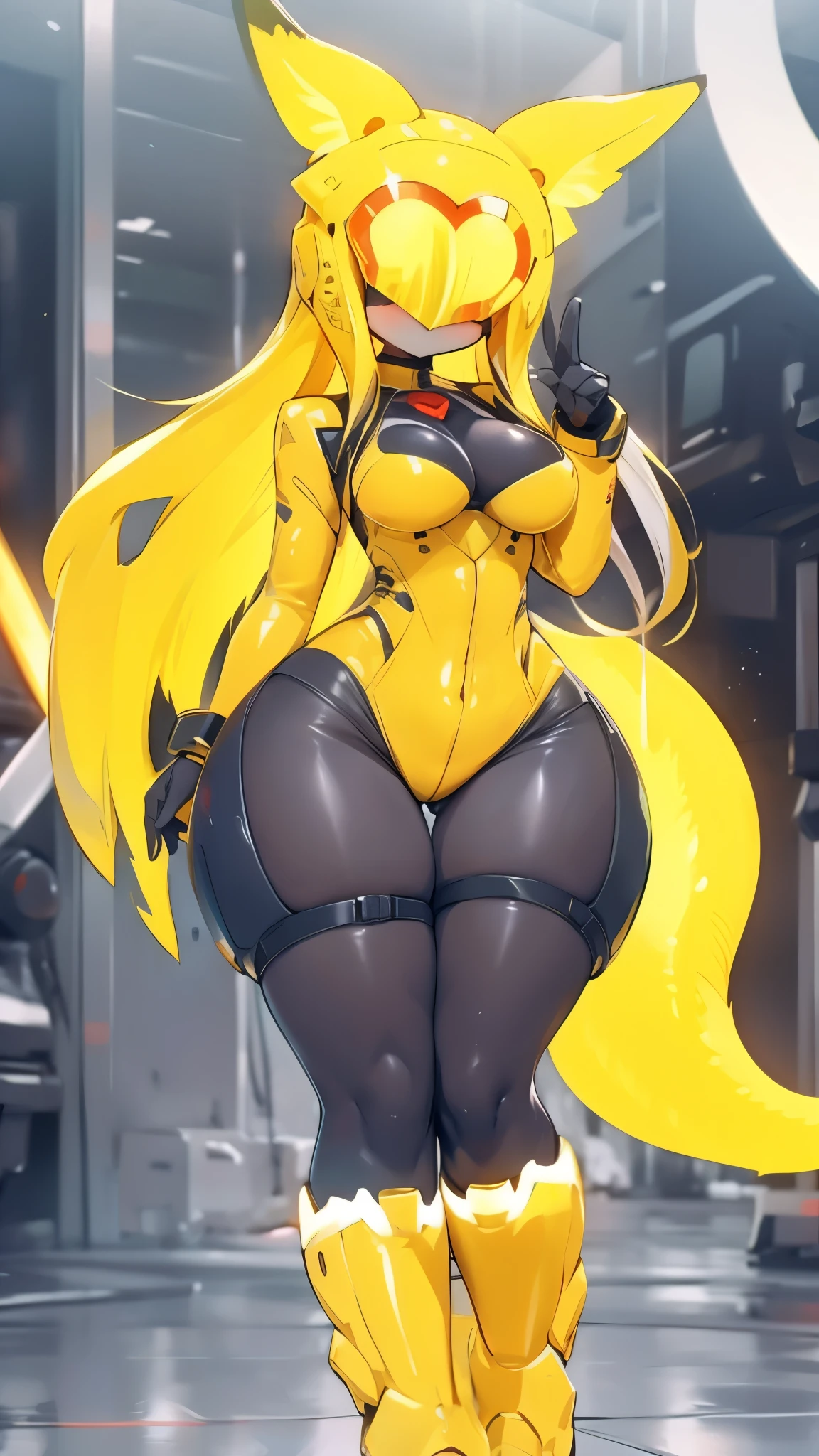by Cally3d, solo, female, standing, looking at viewer, ((hair, snout,)), smiling, lips, eyelashes, eyeliner, saluki, blonde body, super huge super huge super massive breast, super big thighs, very tall, super huge , (black scleriolet glowing eyes, long blonde hair, black pupils, robot, animatronic
