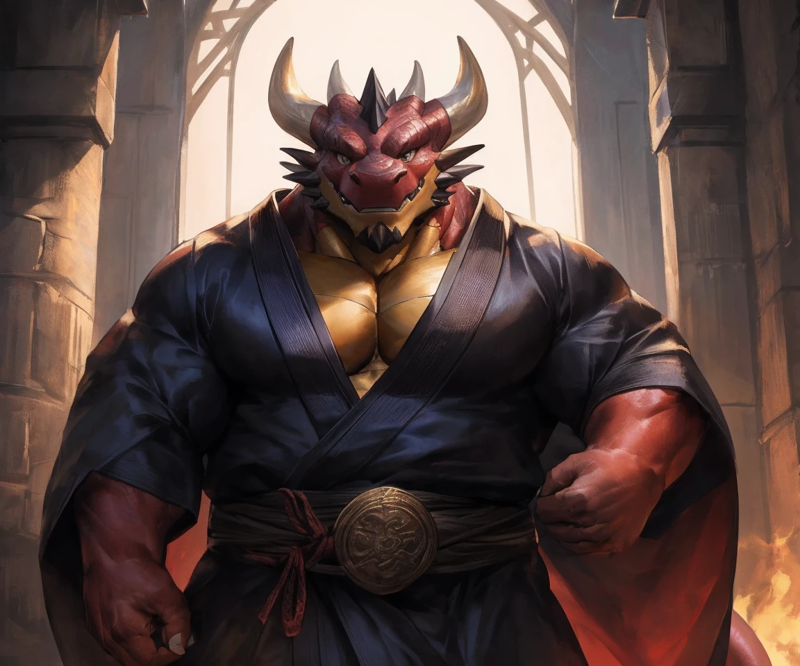 Eastern Dragon, Male, Solo, Middle-Aged, Daddy Vibe, Beard, Dragon horns, Scales, Wearing Kimono, Walking, Japanese Building Terrace With cherry blossom Background, Sexy, Looking at viewer, 1boy, (Photorealistic, Realistic Shadows, Cinematic Lighting, Depth of Field, Low Between Legs Shot), Pecs, Hands out, Dragon Claws, Chest Hair, Legs, Bulge