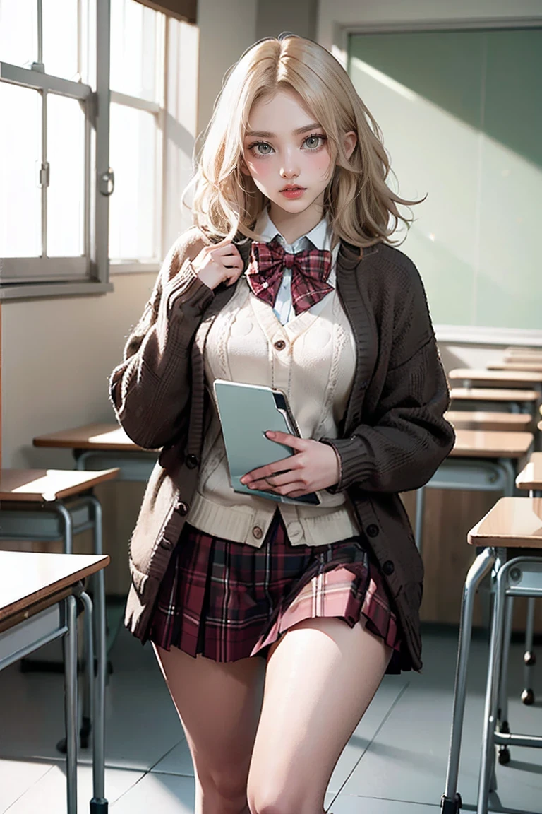 (masterpiece:1.2, top-quality), (Realistic, photoRealistic:1.4), A beautiful illustration of holding a clipboard against a chest , ( natural side lighting , Cinema Lighting), depth of field, nsfw, beautiful detailed hair , Beautiful Detailed Faces , Beautiful body, Beautiful breasts, Beautiful Thighs, Beautiful legs, viewers almost at night, 1 girl, ( Perfect Anatomy, anatomically correct, Ultra-detailed skin), A pretty, symmetrical face, perfect face, perfect eyes, (Mid-length hair, straight hair, Curvy Hair, Blonde), short bang in full body water, (medium breasts, enchanting thighs ), perfect bodies , shiny skin, Pink skin, (Detailed cloth texture, white collared shirt, (Long sleeve pink knit cardigan), dark brown pleated skirt, dark red plaid bow tie), ( beautiful view), (School classroom:1.2), standing,(Beautiful smile, open lips),