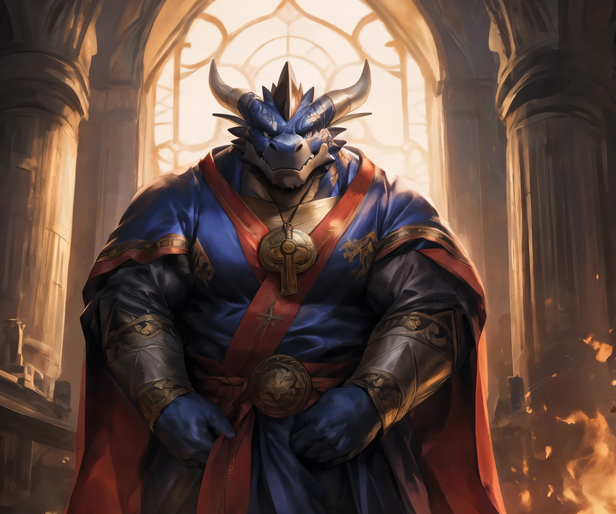human nature , Cannon , Male, Lonely, (( the strong , handsome)), (dragon),((Traditional catholic knight's robe)), standing,((Traditional knight style)), hand in hand cross , high quality, (4K, high quality, High resolution , masterpiece), Front view (Close-up), cartoon,by lindong