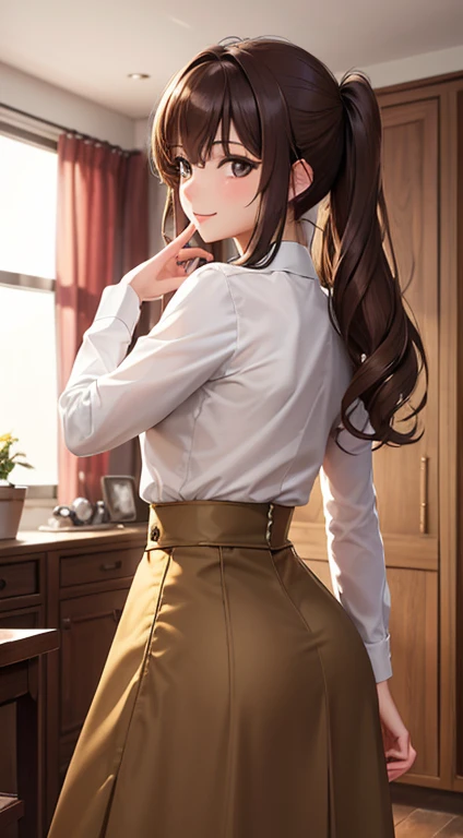 (high-quality: 1.3)、(​masterpiece: 1.3)、( The ultra-detailed: 1.3)、(wallpaper, A girl)、(elegant shirt:1.3)、( Long skirt with high waist :1.3)、(shiny brown media:1.3)、( brown hair :1.3)、medium hair、poneyTail、( hermosos pechos grandes:1.3)、in an office、 naughty smile 、 BEAUTIFUL BUTT 、 You can see a little bit of the shape of the buttocks from the top of the clothes、Seductive pose 