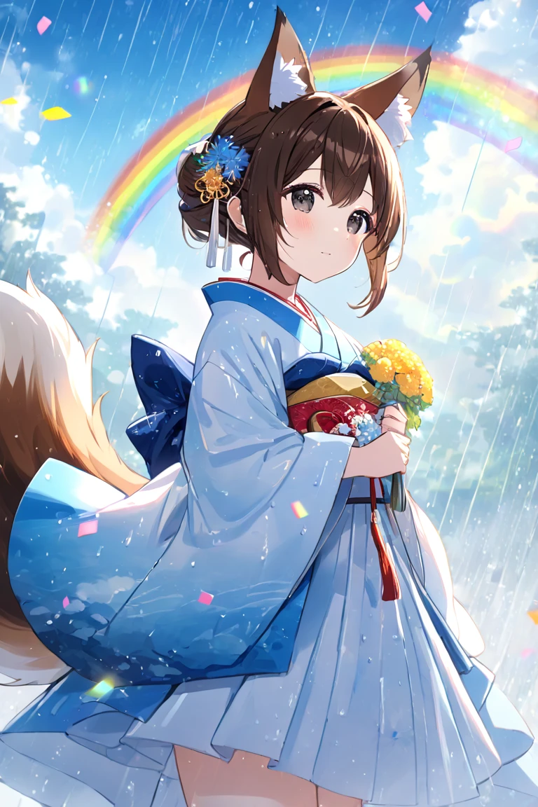 (masterpiece, best quality, hyper detailed:1.2), Thin line drawing, cute, watercolor, thick fog,
1girl, short, fair skin, medium brown hair, ponytail, floating hair, black eyes, big and droopy eyes, BREAK,
fox ears, fox tail, sun, (blue sky:1.2), (rainy:1.2), rainbow, japanese wedding costume, confetti, lens flare, sparkle,