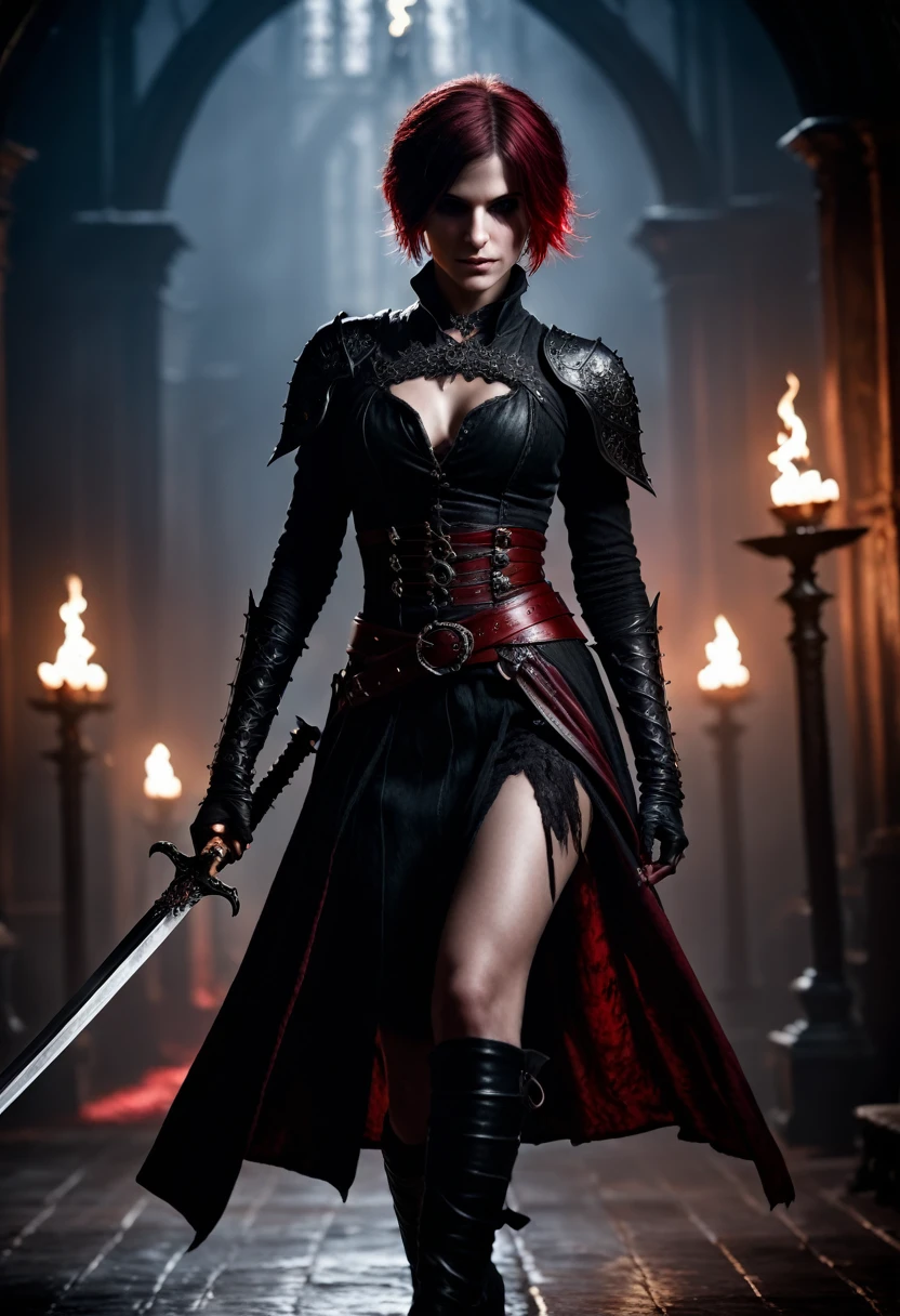 photo shot on Nikon D850, Bloodborne ~ Dark Souls 3 ~ Elden Ring ~ ultra detailed gorgeous woman with short black-red colored hair, extremely sexy,  dancing with a sword, in a world of black and red, dark gloomy  antique  atmosphere,  cinematic, blushing, teasing, Alluring. highly stylized. depth of field, bokeh effect, backlit, stylish, elegant, breathtaking, visually rich, masterpiece, full body shot.