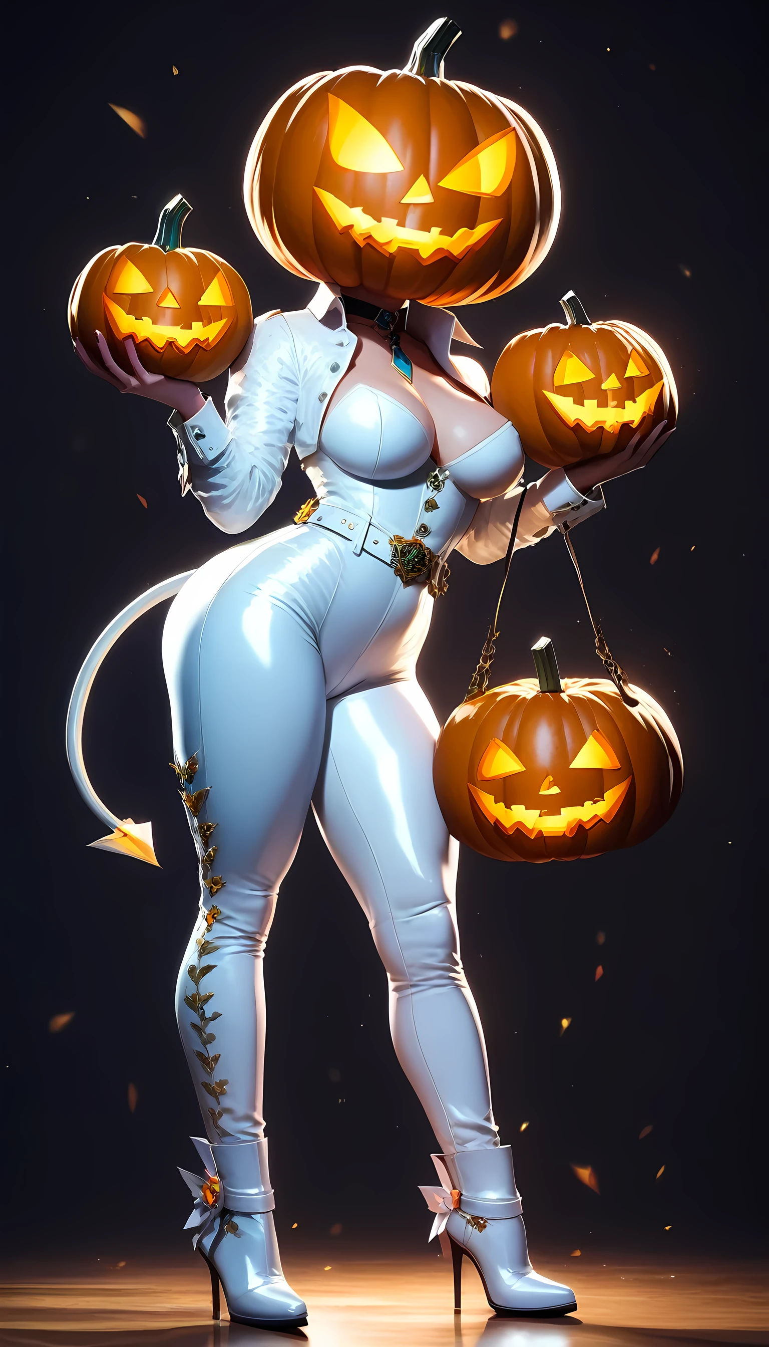 a fantasy epic illustration ((Larry Elmore style: 1.5)) of an elf thief holding a large ((pumpkin: 1.5)) shaped diamond in a vault, a female  elf thief, full body, small pointy ears, dynamic hair color, dynamic hair style,  ultra detailed face, wearing white leather leotard, white leather pants, busty, small cleavage, high heel boots, she is happy for reaching her goal, success, holding a large sized (pumpkin shaped diamond: 1.3), brilliant diamond,  fantasy safe vault background, torchlight, vibrant, Ultra-high resolution, High Contrast, (masterpiece:1.5), highest quality, Best aesthetics), best details, best quality, highres, 16k, [ultra detailed], masterpiece, best quality, (extremely detailed) RAW, (ultra details, Masterpiece, best quality), hyp3rd3tail style, art by mooncryptowow
