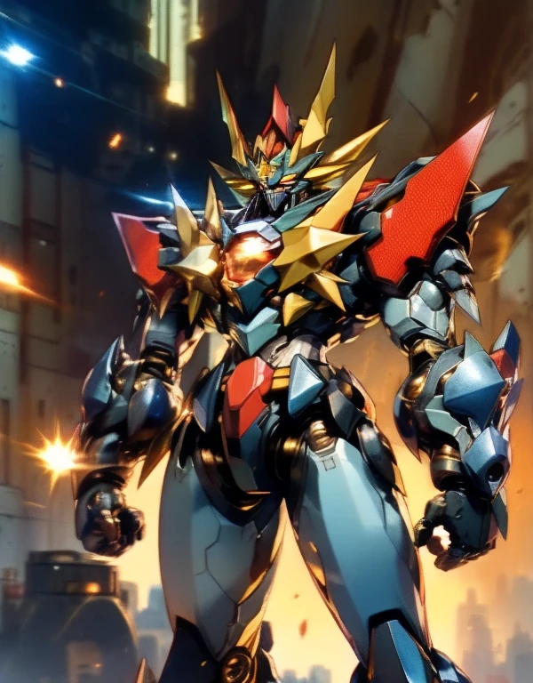 Humanoid Mecha, Fully enclosed shoulder guards, Matching arm and leg guards, whole body, Full Armor, Super Robot, Robust and agile design, ( the concept Inspired by Super Robot, Lion concept chest armor, Temporarily stop, Standing, Floating above a futuristic sci-fi city), Exquisite and mature art style, (Aura effect, Energy, Glowing Eyes, Armor Shines), ((ＳＲＳ)), metallic, dramatic, High resolution, Best Quality, High resolution, Very detailed, Ultra-fine painting, Very delicate, professional, Perfect body professional potion, Anatomically correct, Symmetrical face, Very detailed目と顔, High quality eyes, creativity, RAW Photos, 超High resolution, 32K, Natural Light, Cinema Lighting, masterpiece-anatomy-perfect, masterpiece:1.5