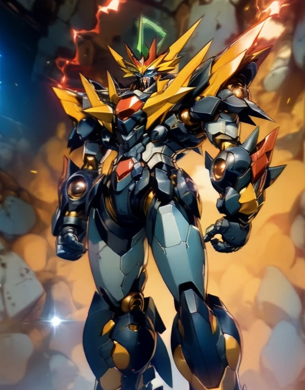 Humanoid Mecha, Fully enclosed shoulder guards, Matching arm and leg guards, whole body, Full Armor, Super Robot, Robust and agile design, ( the concept Inspired by Super Robot, Lion concept chest armor, Temporarily stop, Standing, Floating above a futuristic sci-fi city), Exquisite and mature art style, (Aura effect, Energy, Glowing Eyes, Armor Shines), ((ＳＲＳ)), metallic, dramatic, High resolution, Best Quality, High resolution, Very detailed, Ultra-fine painting, Very delicate, professional, Perfect body professional potion, Anatomically correct, Symmetrical face, Very detailed目と顔, High quality eyes, creativity, RAW Photos, 超High resolution, 32K, Natural Light, Cinema Lighting, masterpiece-anatomy-perfect, masterpiece:1.5