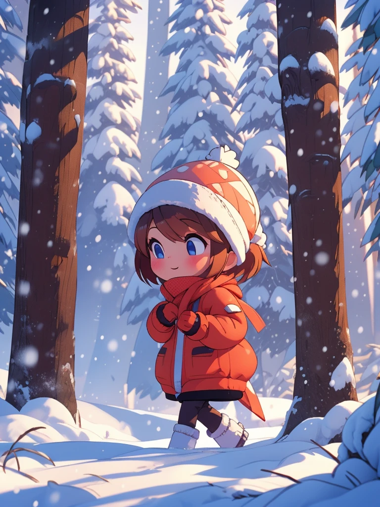 score_9, score_8, score_7, Masterpiece, Hyper detailed, Best quality, UHD, Ultra high resolution, (16K), (1girl), (A girl walking about in a snowy winter wonderland with pine trees in the background), chibi, heavy jacket, looking at camera, (random poses)
