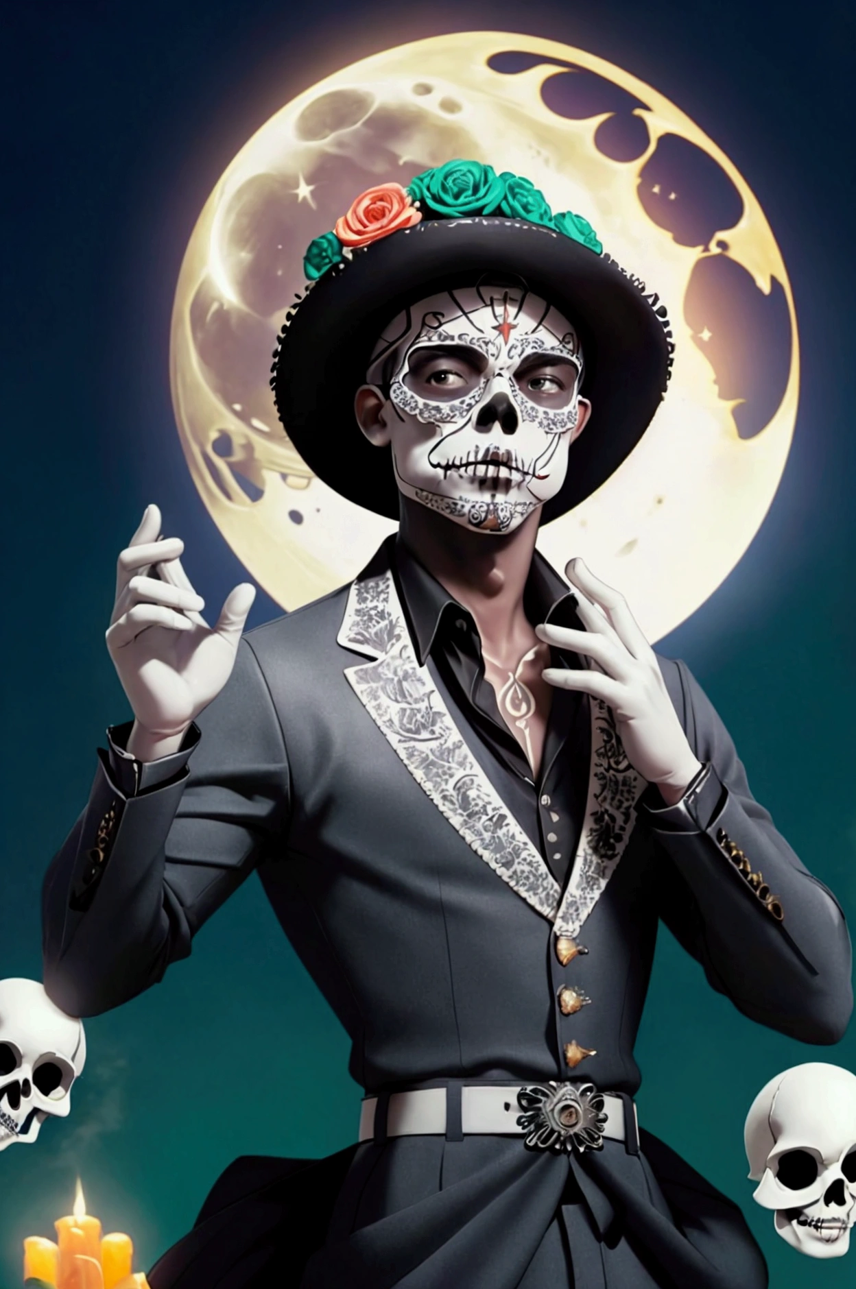  In a Mexican cemetery in Flor de Cempasúchil there is a man dressed in mariachi  and the head of a skull, The starry sky with the full white moon 