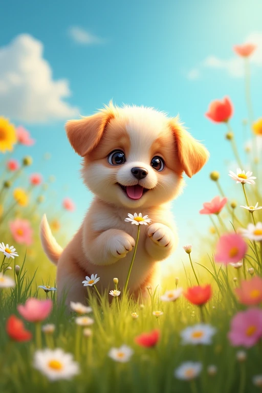 A cute puppy frolicking in a field of wildflowers under a sunny sky. The dog is surrounded by colorful blooms, with its nose playfully nudging a daisy, capturing the essence of joy and innocence in nature.


