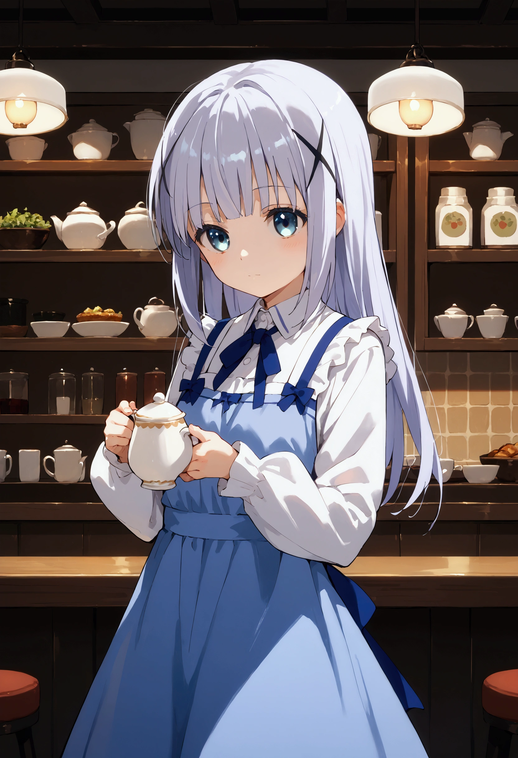 score_9, score_8_up, score_7_up, source_anime,Chino Kafuu,x hair ornament,cafe,cowboy shot,tippy,blunt bangs,holding,holding teapot