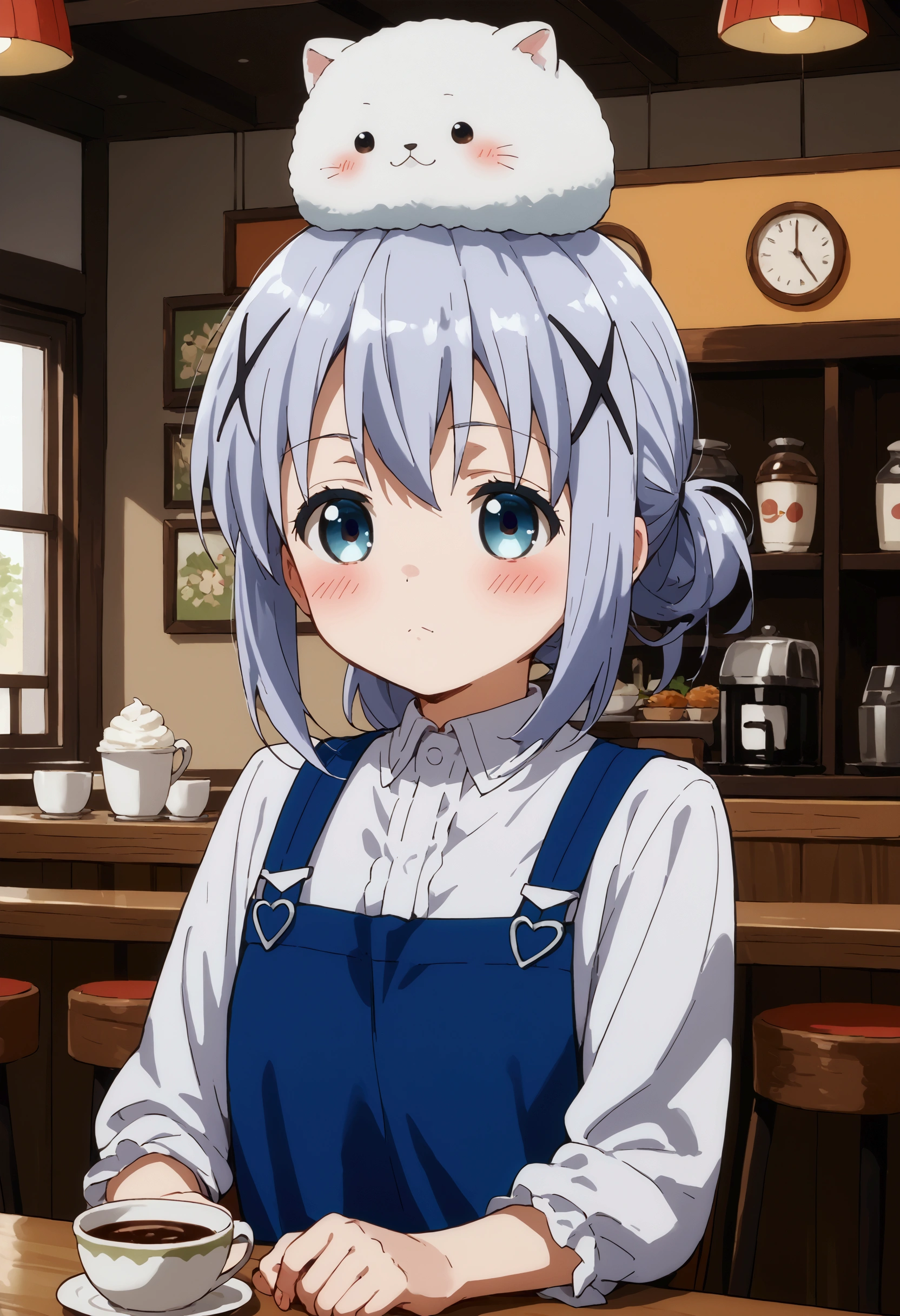 score_9, score_8_up, score_7_up, source_anime,Chino Kafuu,x hair ornament,cafe,cowboy shot,blush,tippy, animal on head
