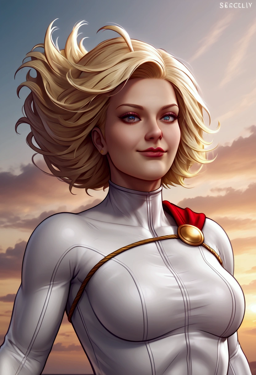 Power Girl da DC Comics, (best qualityer,4K,8k,high resolution,work of art:1.2),ultra detali,realisitic,portraite,beautiful detailed eyes,beautiful detailed lips,extremely detailed eye and face,long eyelashes,sexly,average:oil painting,shining skin,Flying hair,beaming smile,powerful girl in the air,Flight,confident pose,stunning curves,bright coloured,dramatic lighting,serene background,composition