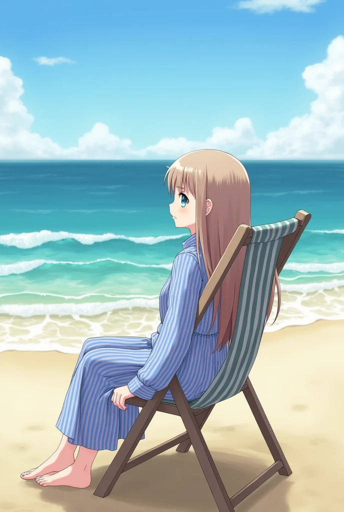 1girl, Light brown hair, long hair, blue eyes, blue dress, striped, long sleeves, beach, outdoors, day, sea, sitting, deck chair, 