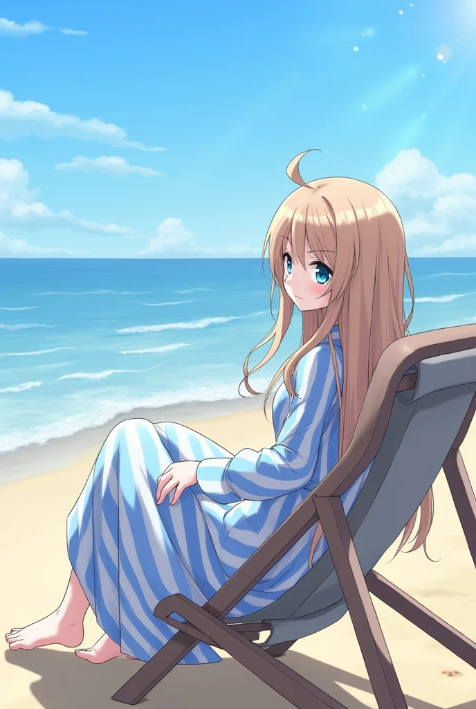 1girl, Light brown hair, long hair, blue eyes, blue dress, striped, long sleeves, beach, outdoors, day, sea, sitting, deck chair, 