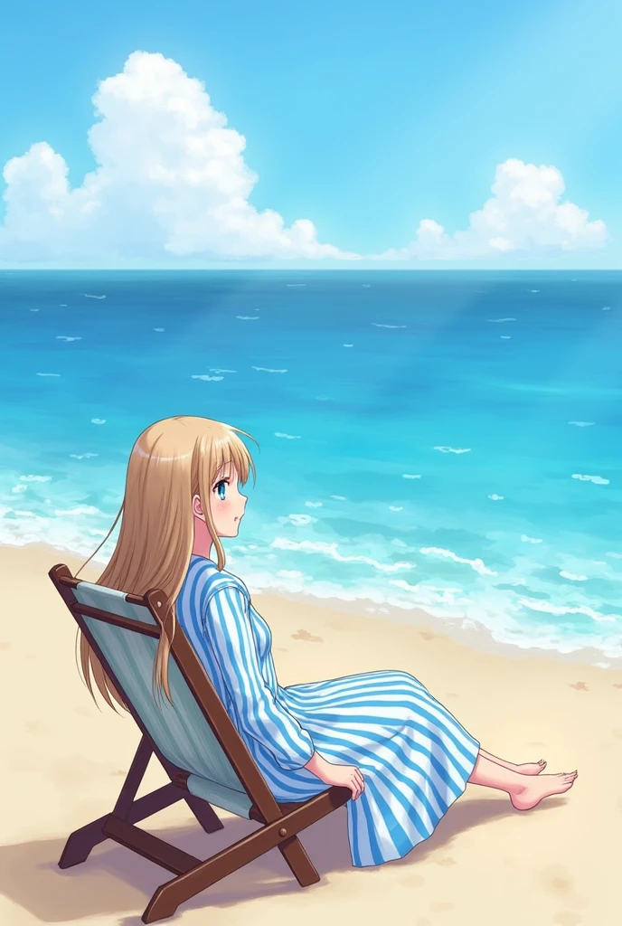 1girl, Light brown hair, long hair, blue eyes, blue dress, striped, long sleeves, beach, outdoors, day, sea, sitting, deck chair, 