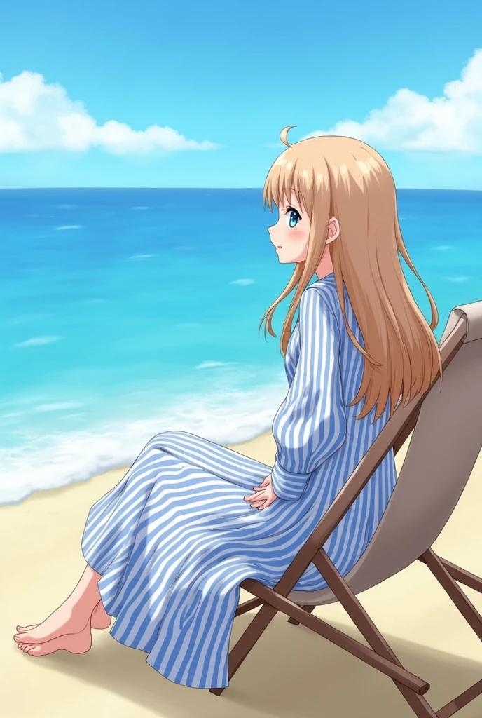 1girl, Light brown hair, long hair, blue eyes, blue dress, striped, long sleeves, beach, outdoors, day, sea, sitting, deck chair, 