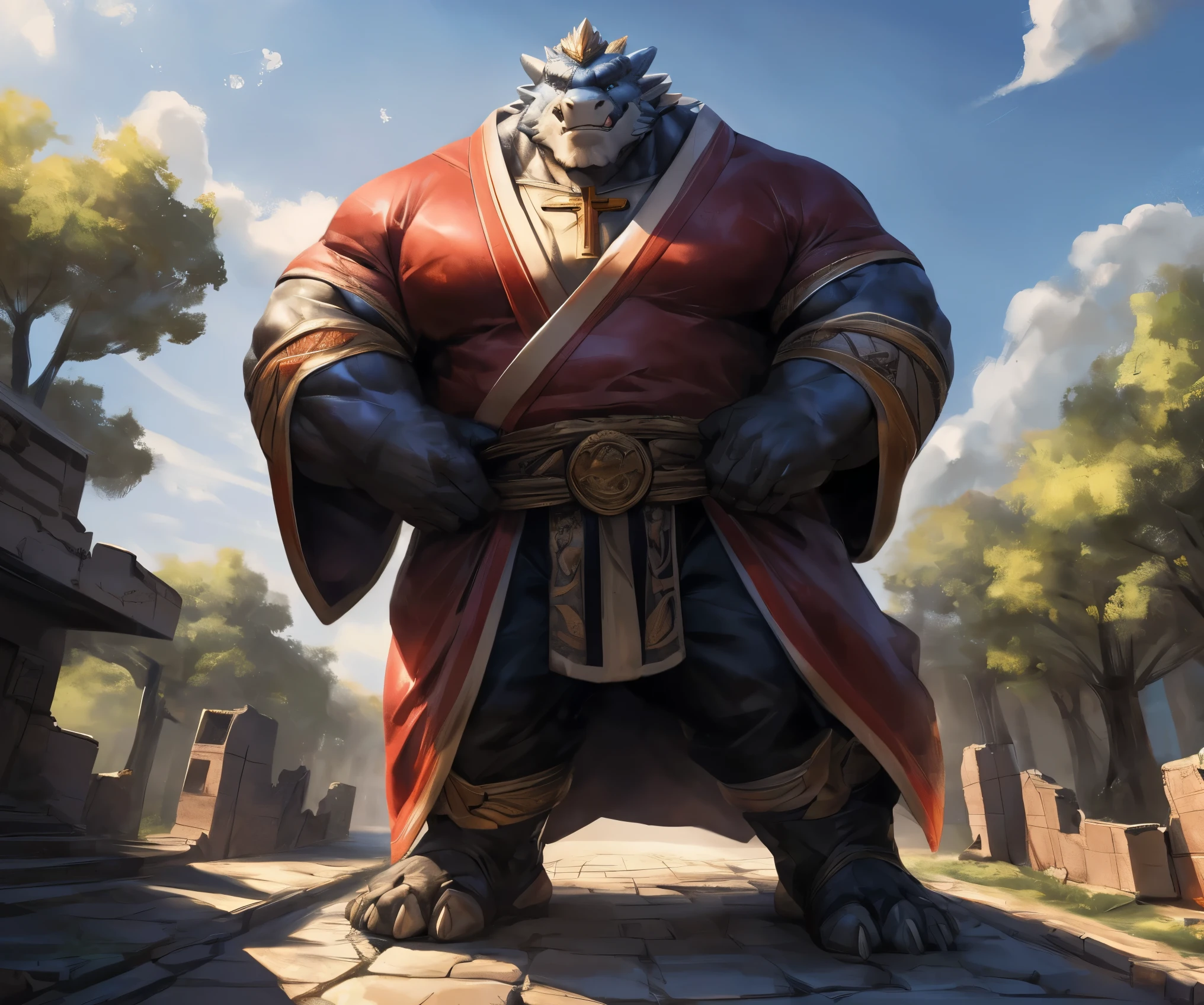 human nature , Cannon , Male, Lonely, (( the strong , handsome)), (dragon),((Traditional catholic knight's robe)), standing,((Traditional knight style)), hand in hand cross , high quality, (4K, high quality, High resolution , masterpiece), Front view (Close-up), cartoon,by lindong, (massiv:6.0, ( heavyweight,stark,Macro, Emphasize the huge size, Stepping on the ruins)), background((trees, Building, raise small spoke , the crack in the road, his position )), perspective from a low perspective