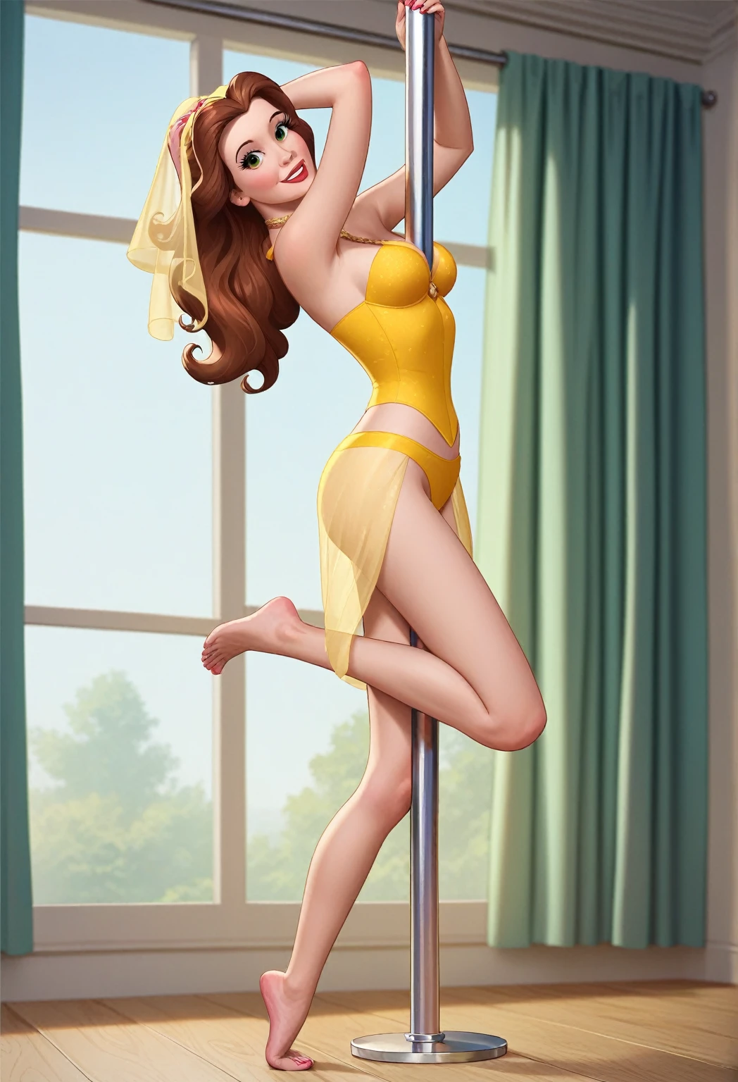 PonyXLV6_Scores ,source_anime, masterpiece,best quality, highly detailed,cinematic,
BREAK
princess Belle,1girl, solo, brown loose hair, hazel eyes, red lips, smiling, Belle dressed as an Arab slave, with a yellow top and panties, a translucent veil covering her face and hair, barefoot in a sexy pose, dancing a pole dance, looking at viewer, indoors, inside of a pole dance scenario, medium breasts,