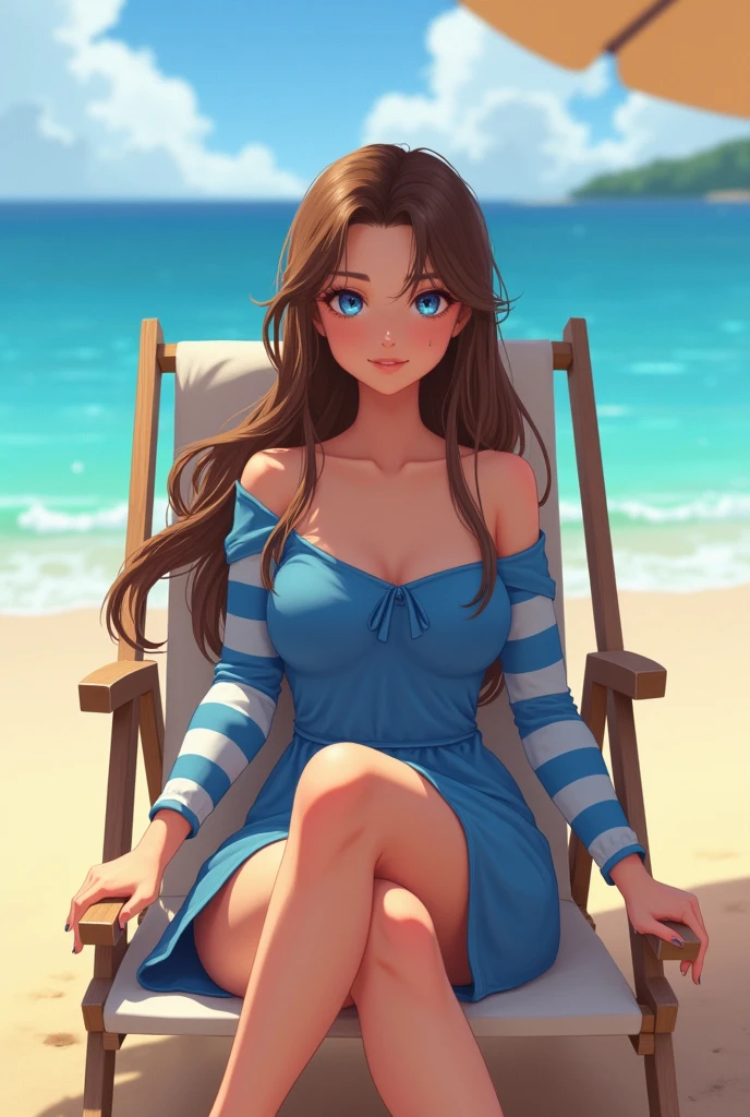 1girl, brown hair, long hair, blue eyes, blue dress, striped, long sleeves, beach, outdoors, day, sea, sitting, deck chair, looking at viwers, collarbone, sandals,