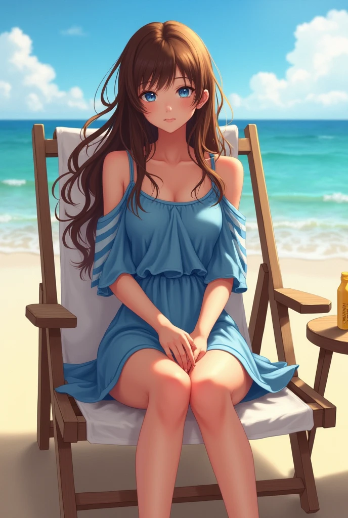 1girl, brown hair, long hair, blue eyes, blue dress, striped, long sleeves, beach, outdoors, day, sea, sitting, deck chair, looking at viwers, collarbone, sandals,