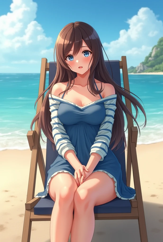 1girl, brown hair, long hair, blue eyes, blue dress, striped, long sleeves, beach, outdoors, day, sea, sitting, deck chair, looking at viwers, collarbone, sandals,