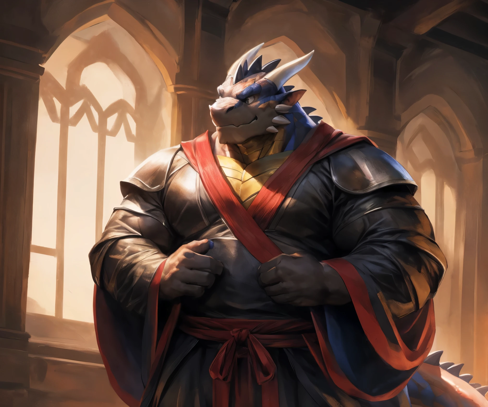 human nature , Cannon , Male, Lonely, (( the strong , handsome)), (dragon),((Traditional knight's robe)), standing,((Traditional knight style)), hand in hand cross , high quality, (4K, high quality, High resolution , masterpiece), Front view (Close-up), cartoon,by lindong