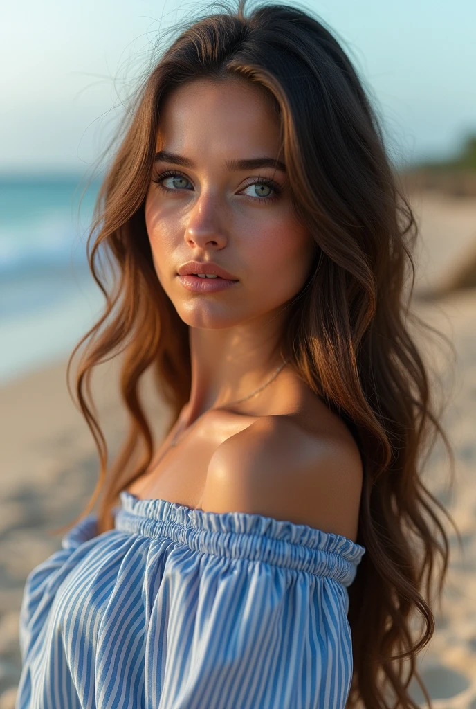 1girl, brown hair, long hair, blue eyes, beautiful detailed eyes, beautiful detailed lips, extremely detailed eyes and face, long eyelashes, blue dress, striped, long sleeves, beach, outdoors, looking at viewers, collarbone, (best quality,4k,8k,highres,masterpiece:1.2),ultra-detailed,(realistic,photorealistic,photo-realistic:1.37),HDR,vivid colors,natural lighting,portrait,cinematic lighting