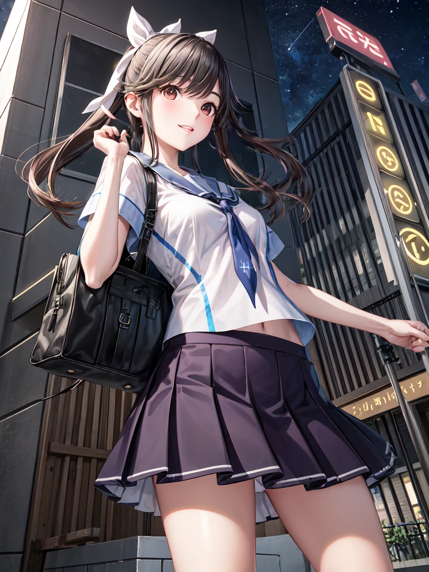 Ultra-detailed game CG, ( Kampala:1.1),( absurd with 22 people:1.1), Best Quality,  Kampala,  最 Kampala ,  very detailed , Anime, city, Building roof,  Knight , Starry Sky, cute girl,  1 GIRL WITH HIM, Takane Manaka,   Tiny Breasts  ,  ponytail,   Hair Ribbon ,   school uniform , Seraph, skirt, bangs,  white panties, A light smile, (skirtめくり:1.3),  neon light, Wind effects, Reflection effect, From below