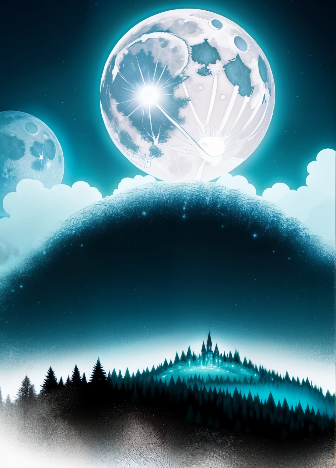 enchanted forest, the full moon rises from behind the hills, moon  night sky