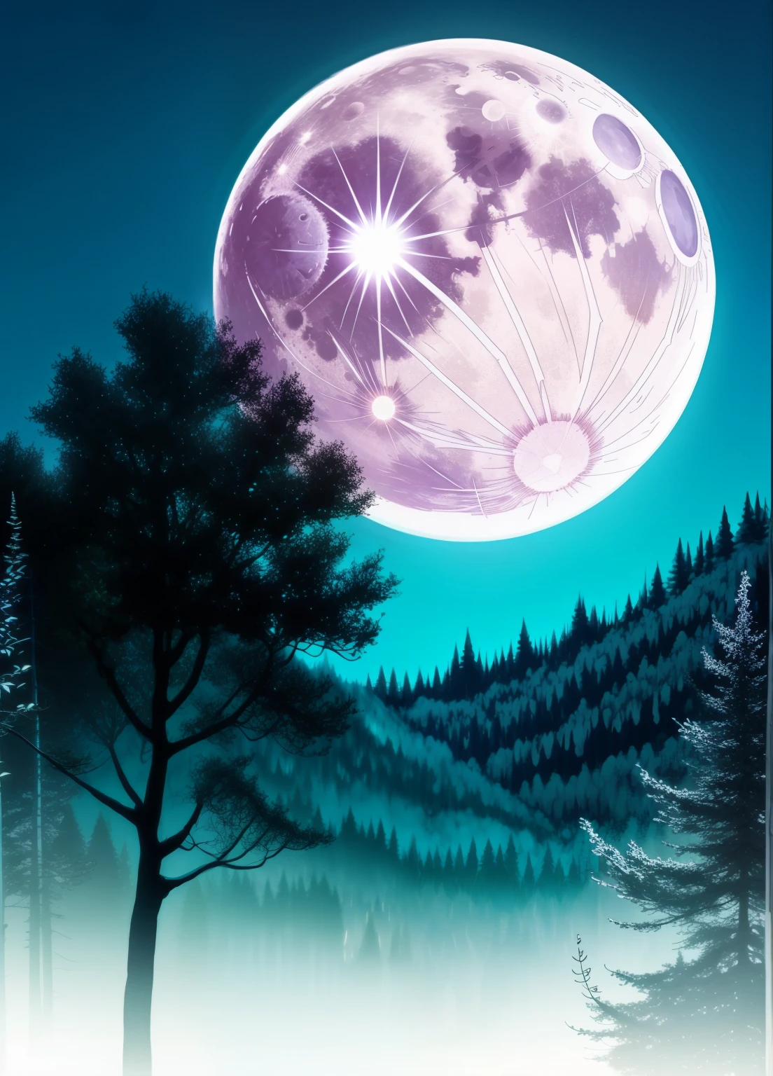 enchanted forest, the full moon rises from behind the hills, moon  night sky