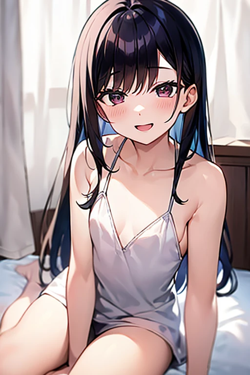 ((Best Quality)), ((masterpiece)), (be familiar with),  perfect face, indoor, bedroom,  watching viewers,
One woman,  Kitakawa Kaiumi,
 open mouth , Ecstatic expression, blush, smile,
Small breasts,  flat chest, , , , Girl,
Long Hair,  long hair,
Leg spread,