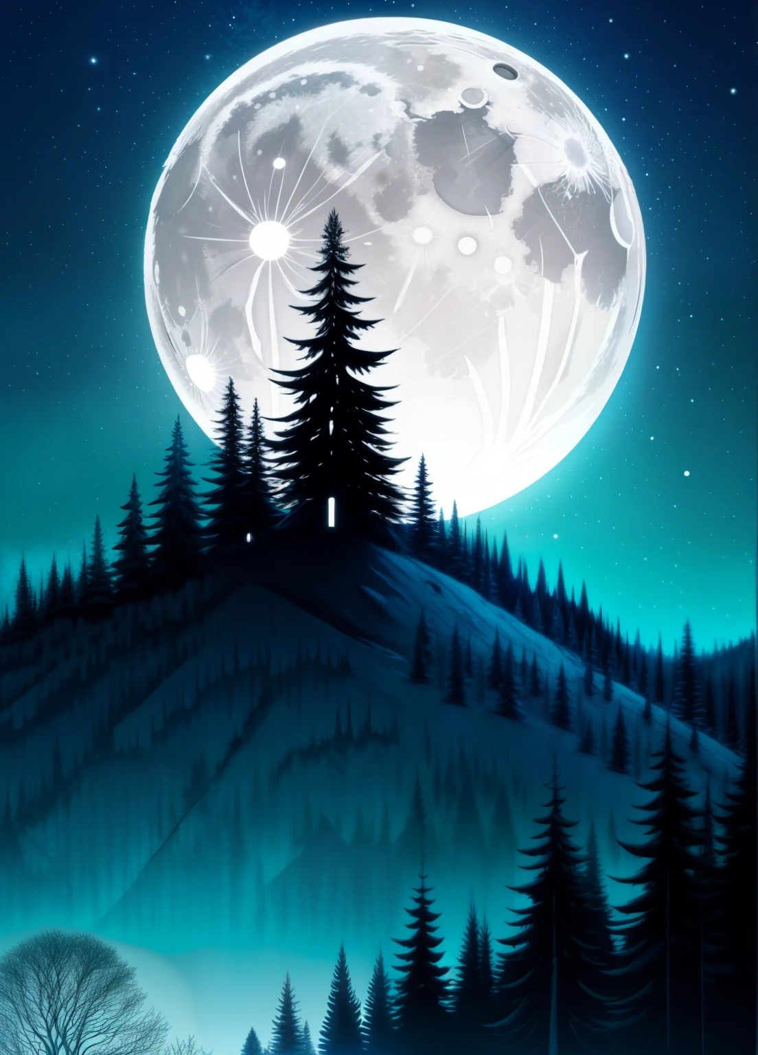 enchanted forest, the full moon rises from behind the hills, moon  night sky