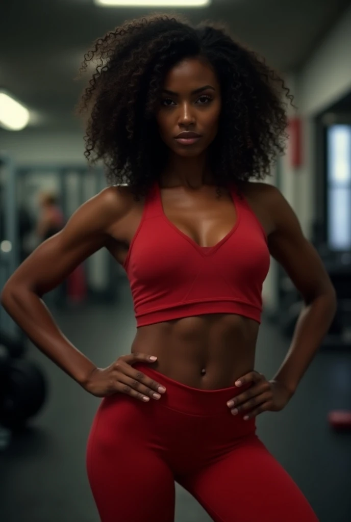 dark complexion, woman around 19 years old, natural black hair, distinctive green eyes, wearing fitting workout, slender and voluptuous, beautiful, candlelight in a weight training gym bathroom setting taking a selfie, ultra sharp focus, realistic shot, tight fitting clothes, bright colors (scar:1.4)