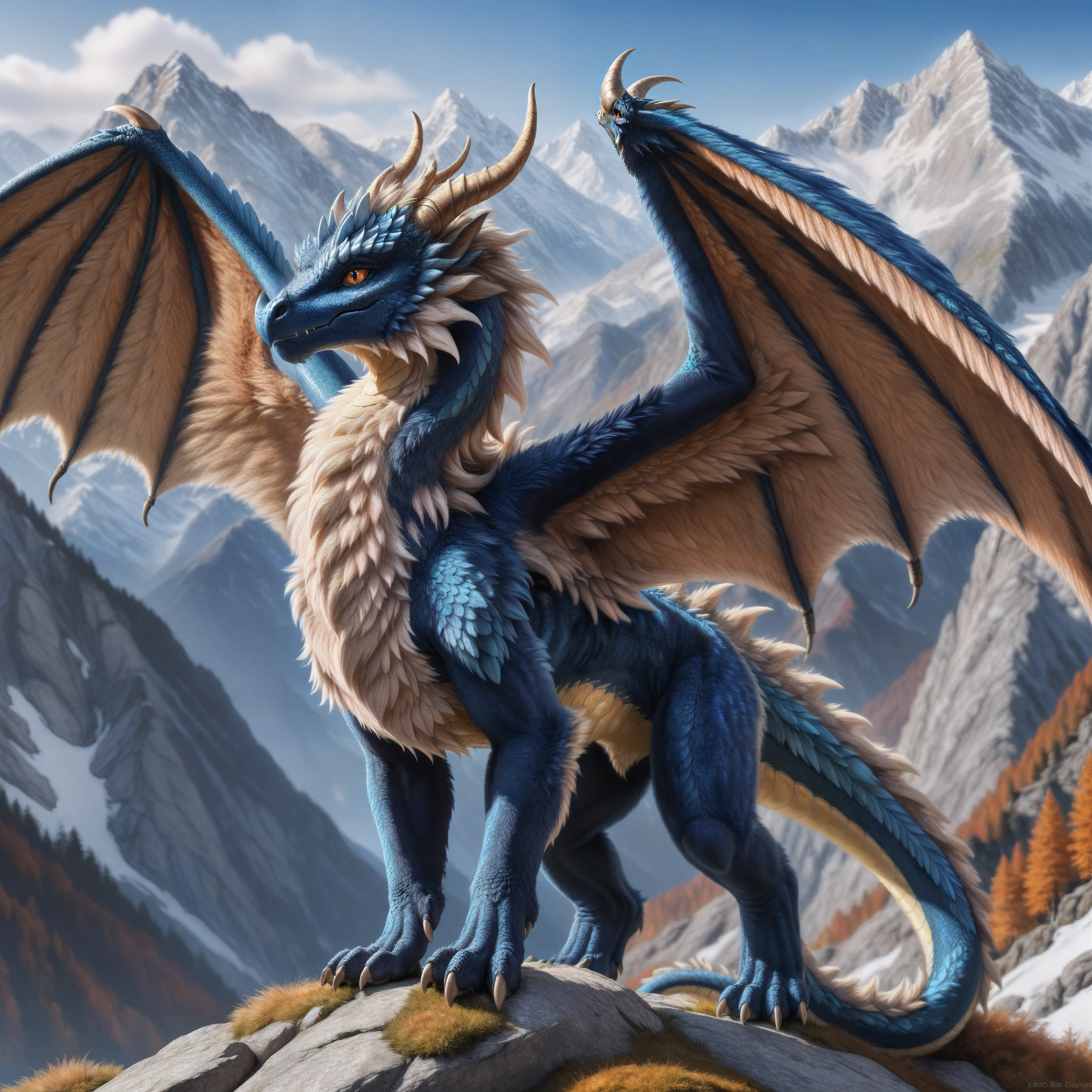 European dragon, (Fuzzy:1.4), (Fur on all areas of the body), ( very detailed fur:1.2), large wings, On all 4 standing ,  looks at the viewer , in the high mountains, very high quality,  High resolution , detailed background