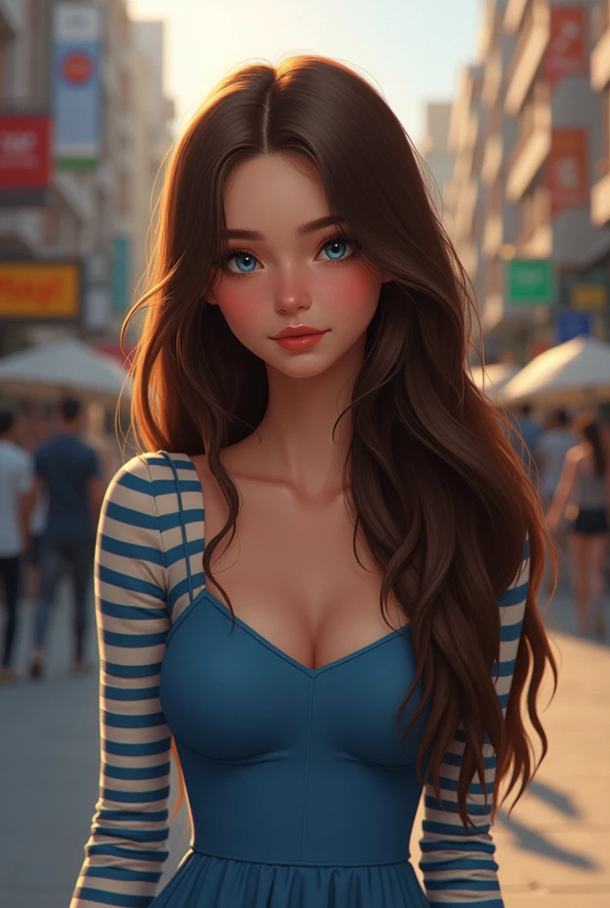 Amy Stapleton, 1girl, brown hair, long hair, blue eyes, blue dress, striped, long sleeves, city outdoors, day, looking at viwers, collarbone, 