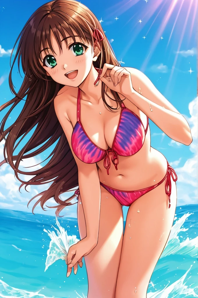 Anime illustration, HinomoriAzusa, Alone, One girl, Long Hair, Brown Hair, green eyes, (hair ribbon),  break, ((watercolor:0.4), (sketches:0.4), (pastel:0.4), intricate, extremely detailed, 8k cg wallpaper, stunning art, absurdres, very detailed, 1girl, 18yo, very cute face, brown hair, straight hair, (large breasts:0.8), smile, open mouth, bent over, open hands for viewer, (splash sparkles water:1.2), (sunbeam lit:1.3), ((posed shot:1.2), from below, ((focus face:1.2), focus breasts), upper body), feet in the sea, (The background is the ocean as far as the eye can see, a perfect horizon)), BREAK, (Blazing Boho Tie-Dye Halter Fringe Bikini:1.4), ((Accurate fingertips, Browse 4, Thumb 1)), ((accurate hands, two arms)) ((accurate legs, two legs))