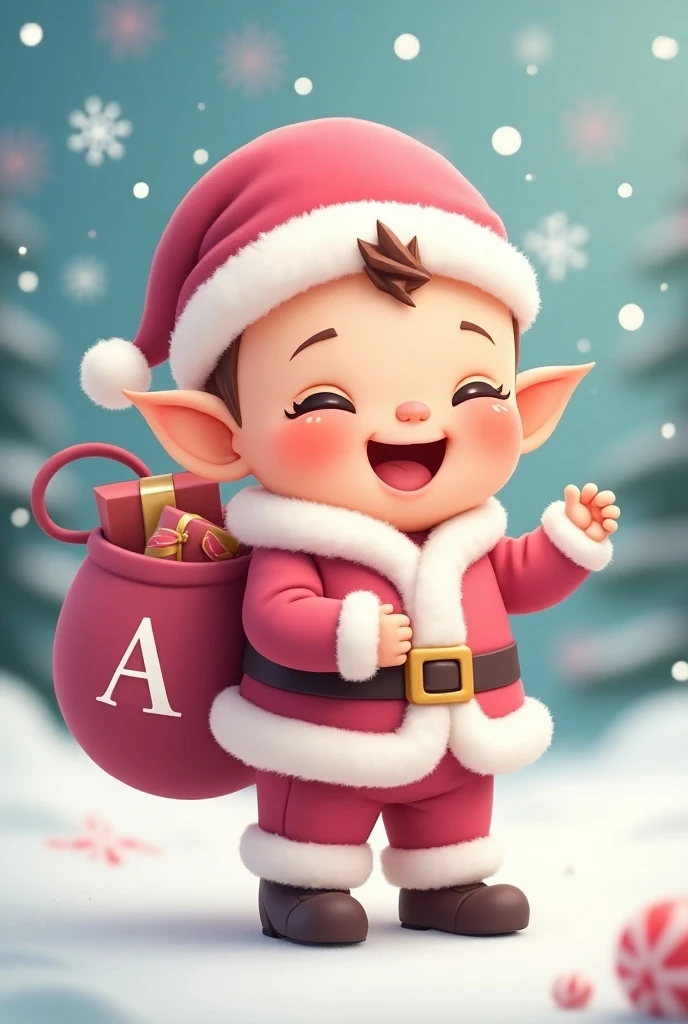 Create an image of a cute Baby Santa Claus in the form of a cartoon with pink clothes and the letter A on the back.