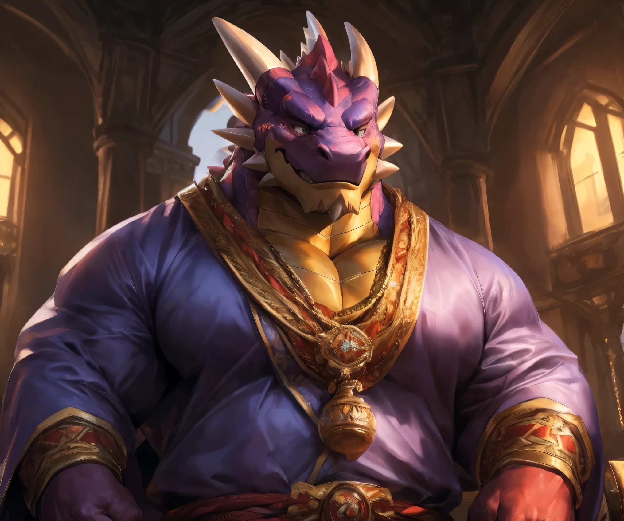 human nature , Cannon , Male, Lonely, (( the strong , handsome)), (dragon), Traditional royal robe, standing,Traditional king style , hand in hand cross , high quality, (4K, high quality, High resolution , masterpiece), Front view (Close-up), cartoon,by lindong
