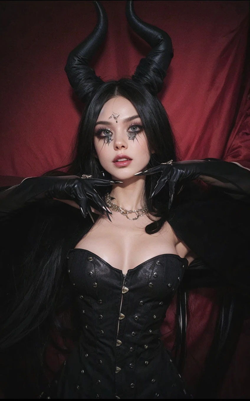 Masterpiece, a beautiful succubus, ((ingrid Bergman:Milla Jovovich:0.5)), (high detail plunging gothic dress), (small breasts), (perfect firm body), (pale skin), (raven black hair), (long hairstyle), (realistic very small devil horns), ((crimson eyes)), warm smile, devil tail, outside, (skin texture:1.1), best quality, ultra high res, Raw photo, Nikon D850, backlight, rimlight, bright sunlight, film grain:1.2, (warm hue, warm tone:1.2), (color photo), fantasy landscape background