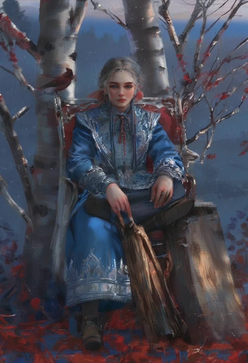 [portrait: young girl , blush,  in an elegant shawl :20] Rich landscape ,  Russian Village ,  Sitting on a birch tree bench ,
  Russian paraphernalia ,  improvisation ,  19th century , (( Todd Schorr's style  )),  Hyperdetail ,  Deep plot drawing, 
/red:0.2/blue:0.2/chlorine :0.2/grey:0.2