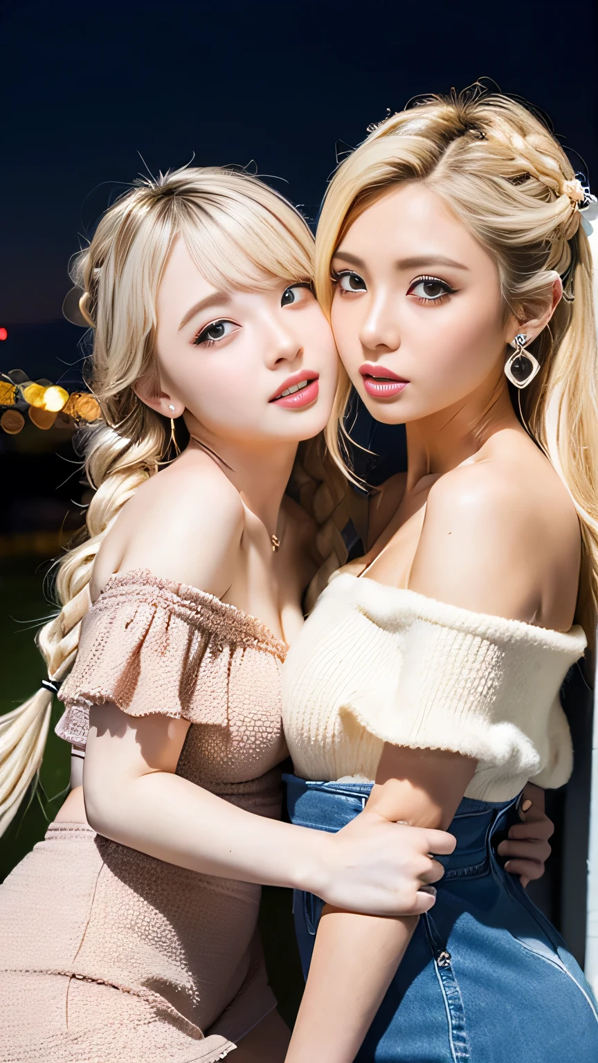 masutepiece、8K、two women hdtv、Detailed as a photo、Unparalleled beauty and cute girls、short blonde bob cut、brown middle wavy hair、Kiss with tongue、(push each other with big breasts)、Amazing right、Unripe々Breasts that give you a wonderful feeling、White mini dress、detailed silk underwear、Pafupafu、Looks happy、Raised skin、Trance、Rubbing the breasts、((two womens、very large breast、push each other under pressure))、in a street、scene