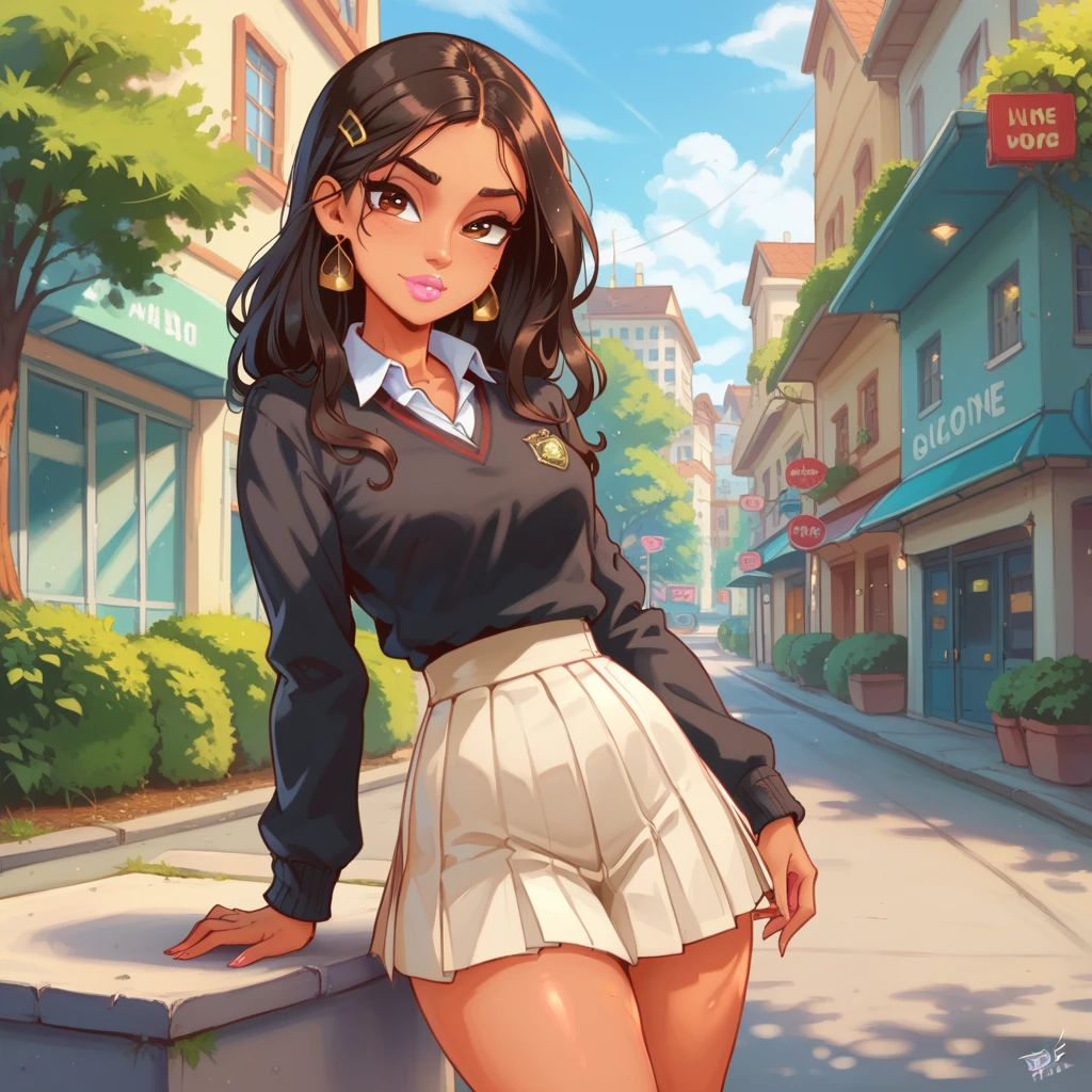 1girl ,JasmineWaifu,masterpiece, 4k, hdr, best quality,skinny, petite, small waist, tan skin, pink lips, beautiful, brown eyes, long black hair, side swept, school uniform (((collared white shirt, grey pleated miniskirt, black sweater))),