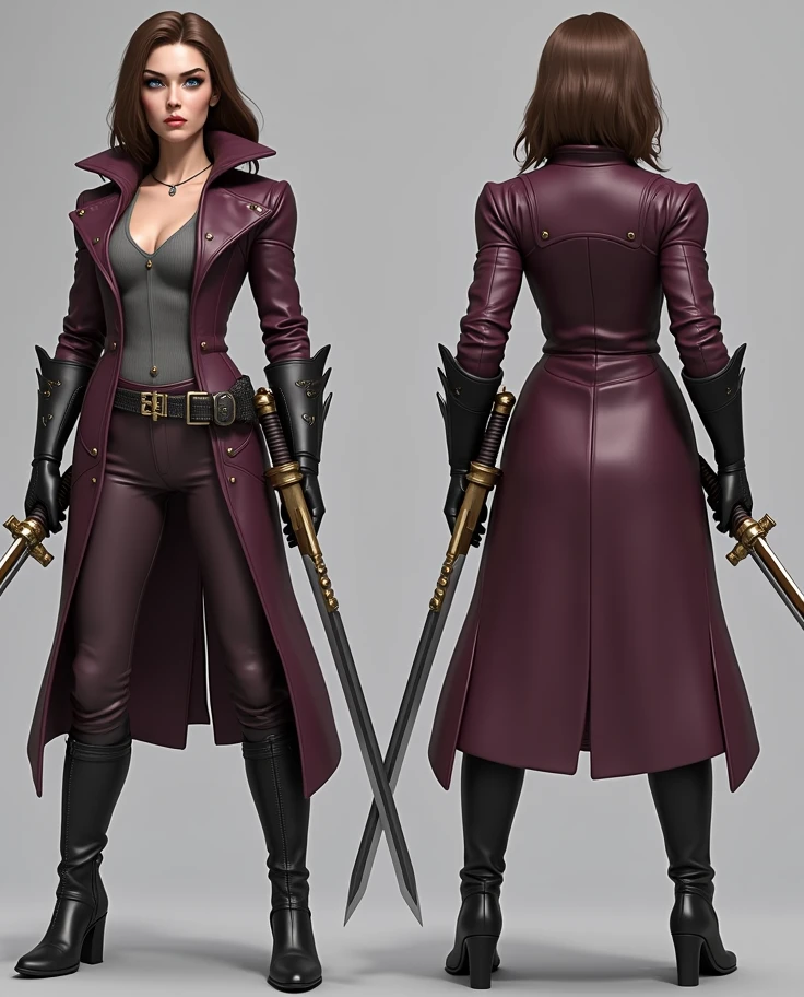 Create woman/  Medium brown smooth hair/ blue eyes/ gray top/  Large purple leather jacket /  Black leather gloves / Swords in the hands/Purple latex pants / Women's black long boots / realistic/8k/ high quality /Heroin