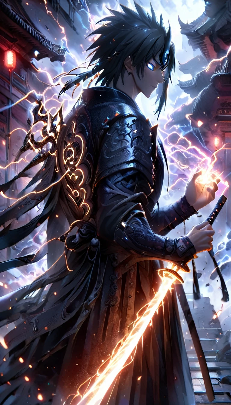 Render Sasuke Uchiha in an ancient temple setting, dressed in traditional Japanese samurai armor. He is channeling the Chidori technique, with electrical energy crackling around his hand and illuminating the scene