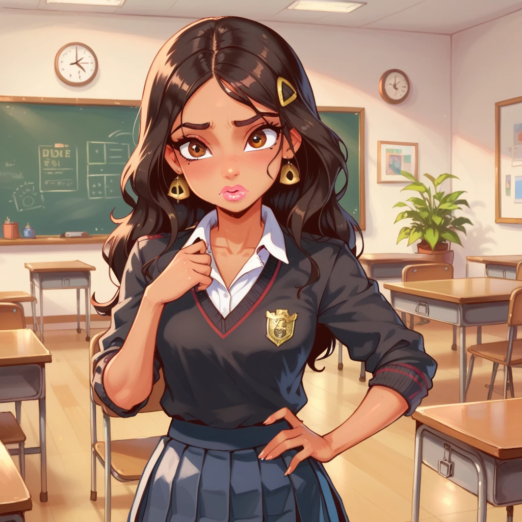 1girl ,JasmineWaifu,masterpiece, 4k, hdr, best quality,skinny, petite, small waist, tan skin, pink lips, beautiful, brown eyes, long black hair, side swept, school uniform (((collared white shirt, grey pleated miniskirt, black sweater))), afraid