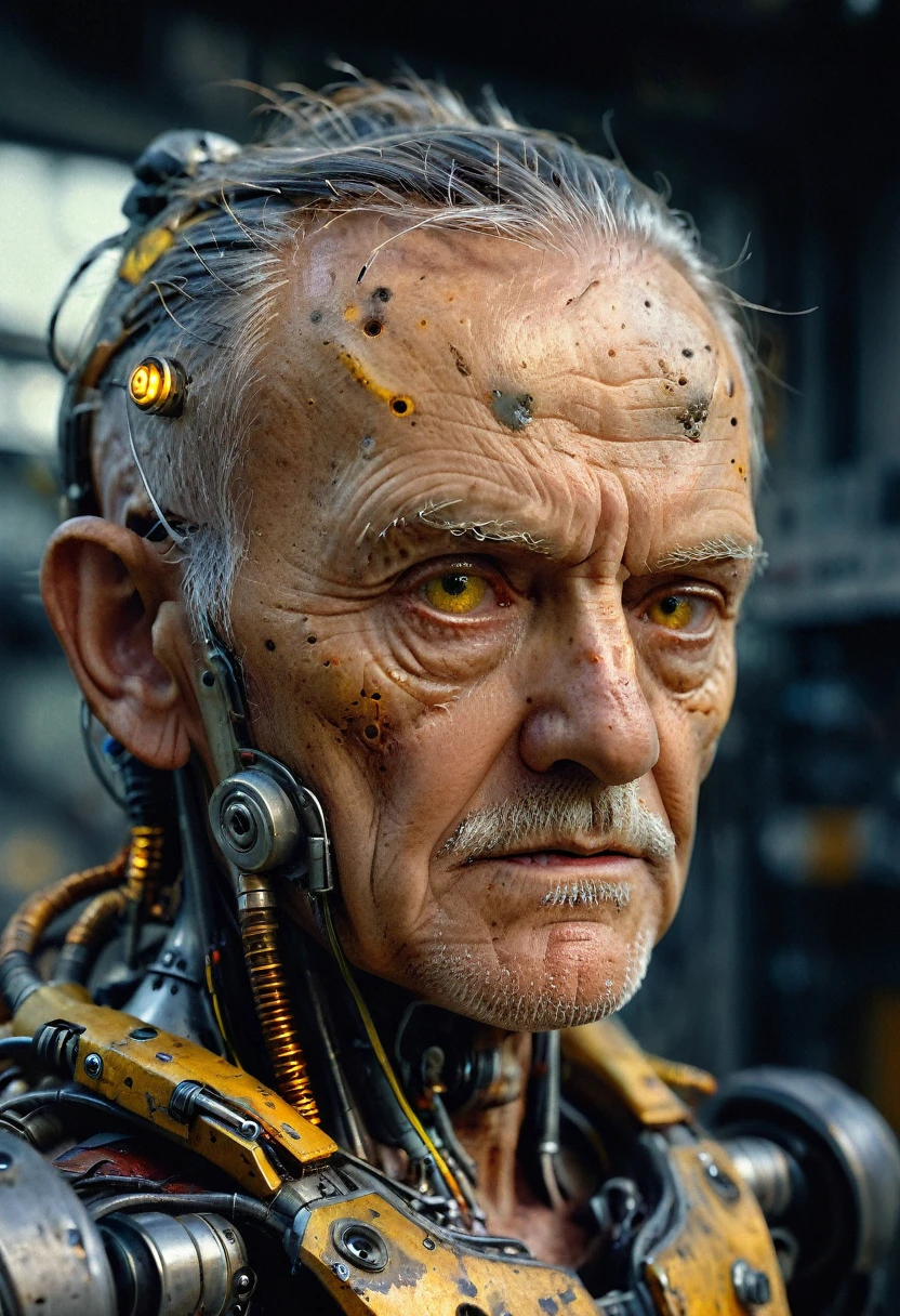 discarded android-cyborg old man, sad empty stare, filthy hair, perfect cracked face, perfect sad eyes, skin peeling off, damaged, broken android body, leaking oil, rusty yellow carapace parts with dirty cracks, mechanical cyborg joints, highly detailed, strong contrast, intricate details, volumetric light, 16k HDRI, lot of details, high quality, dramatic atmosphere, atmospheric perspective, subsurface scattering, transparency, analog style, film photography, sharp focus, soft focus, cinematic sophisticated lighting, heavy shadow, movie still, captured in the style of Sony Alpha A7 III camera