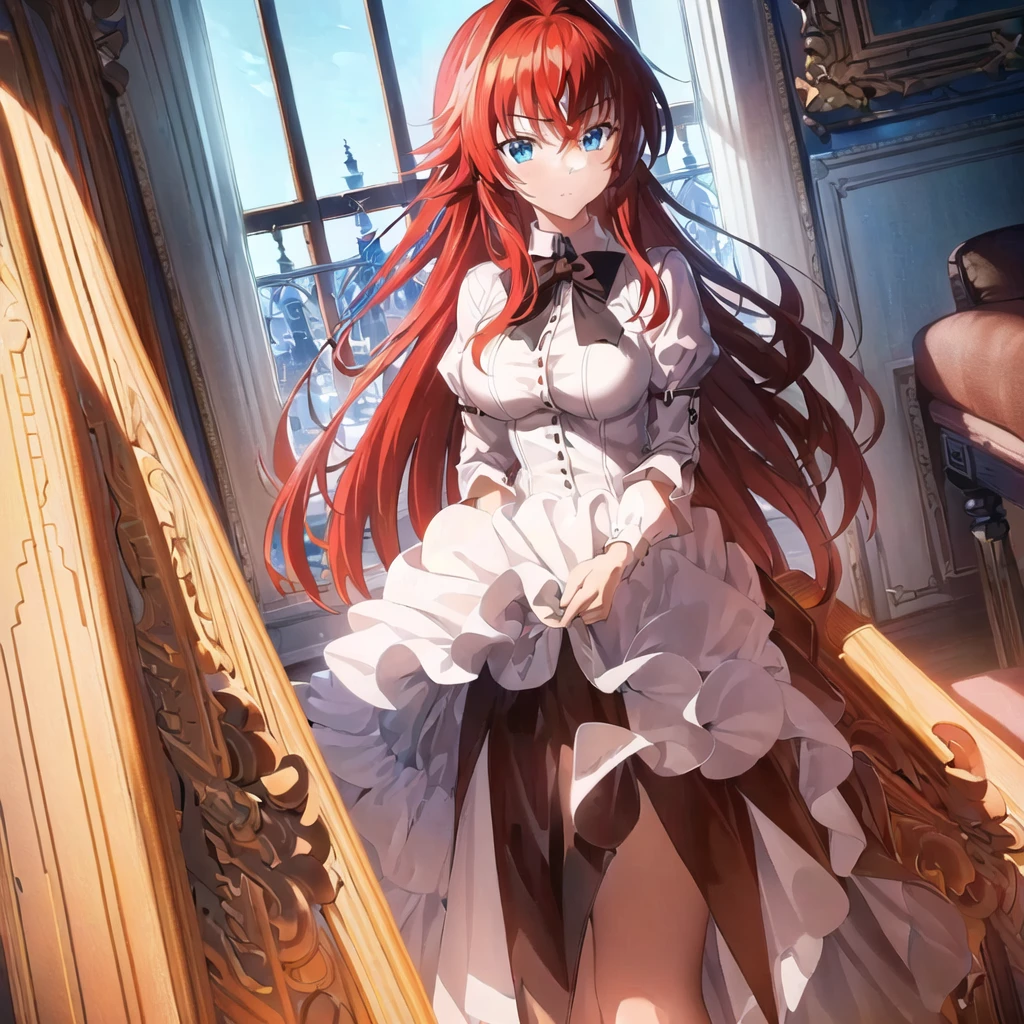 (extremely detailed CG unity 8k wallpaper),(masterpiece),(best quality),(ultra-detailed),(best illustration),(best shadow),(absurdres),(detailed background), Rias Gremory, 1girl, red hair, rias gremory, solo, ahoge, blue eyes, long hair, school uniform, parody, hair between eyes