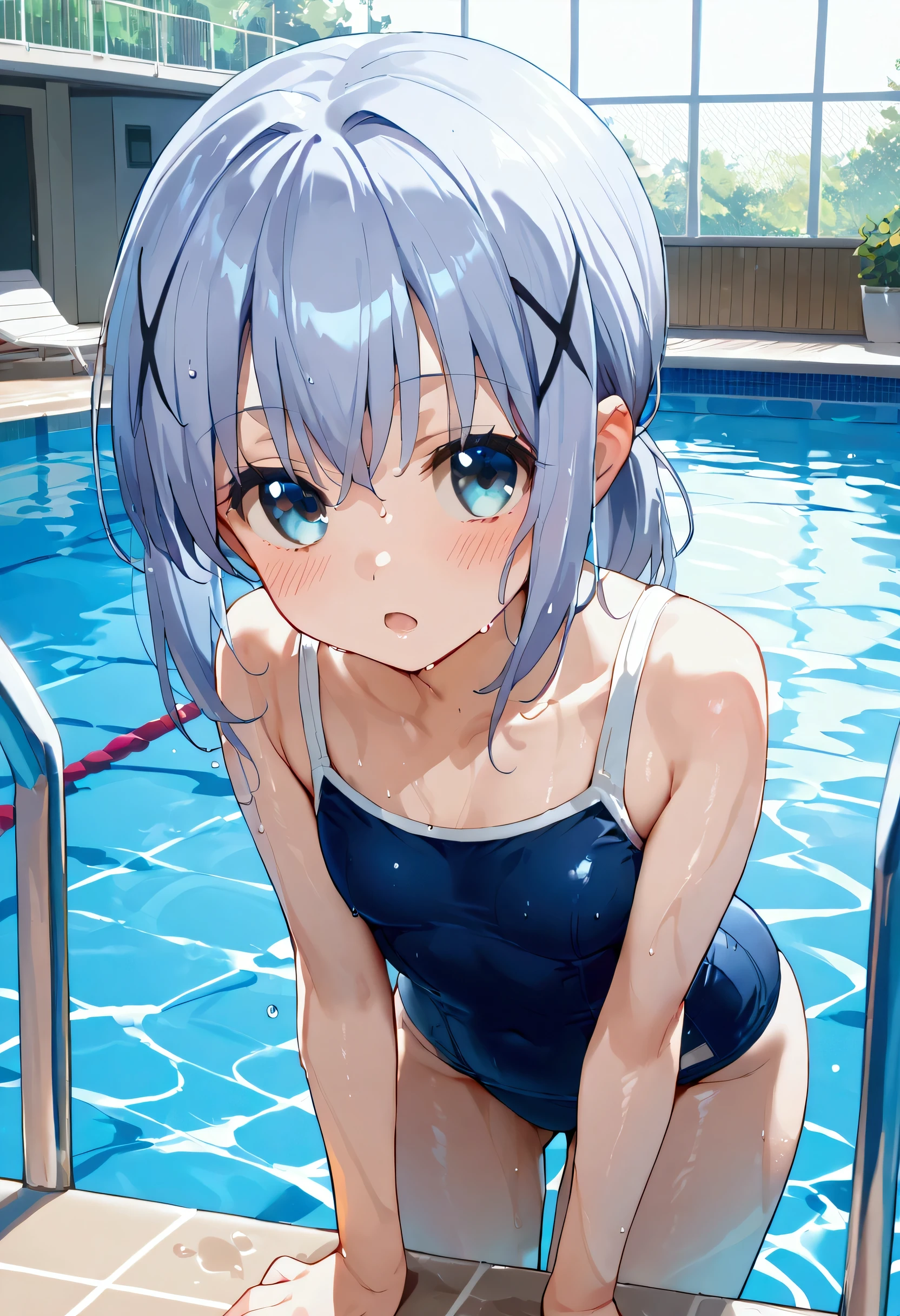 score_9, score_8_up, score_7_up, source_anime,Chino Kafuu,x hair ornament,school swimsuit, pool,blush,cowboy shot,wet,bent over,sexy,open mouth,looking at viewer