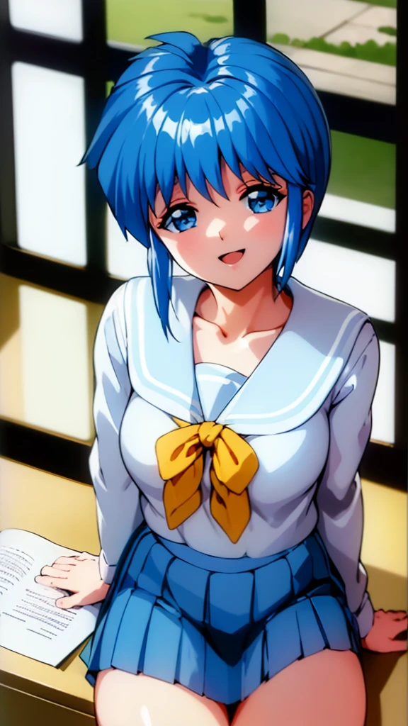 ( best quality , 8k, 32K, masterpiece,  super high resolution :1.2), ,  uniform yellow scarf, Blue Hair,  short hair, Saki Nijino, Skirt lift, open legs, no panties, classroom, smiling sexual , lure, Masturbation